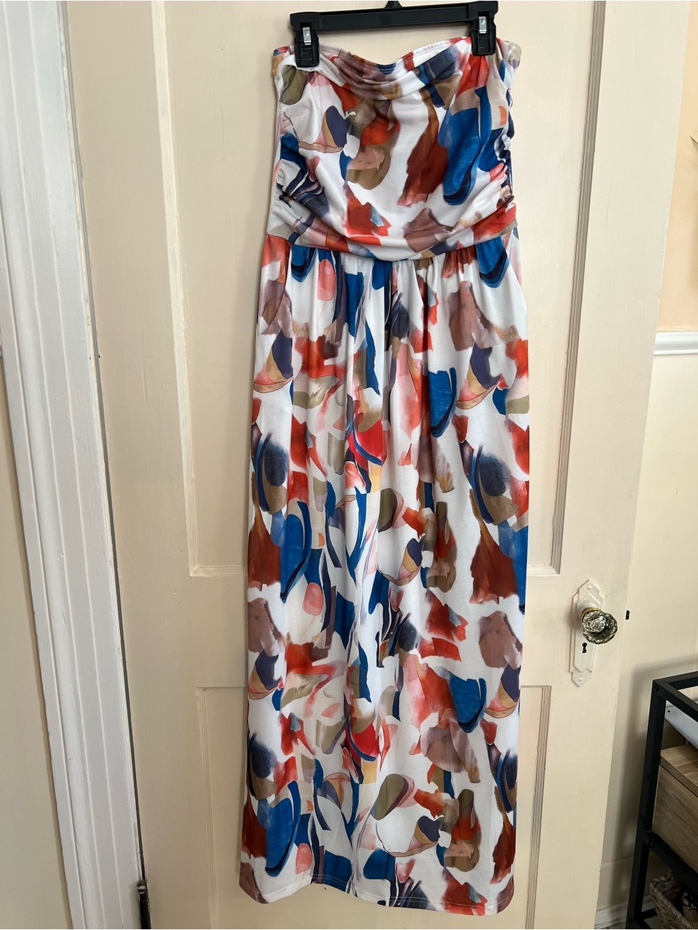 Strapless Abstract Print Maxi Dress in White, Blue & Coral